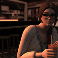 En vacker realistisk kvinna som siter i ett kafé och dricker latte