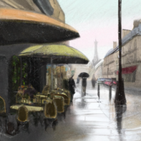 En realistisk bild av en stadsgata i Paris på en regnig dag, med våta kullerstenar, människor med paraplyer och en caféterrass i bakgrunden.