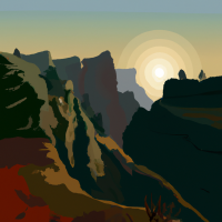 En realistisk bild av ett bergslandskap vid solnedgången, 