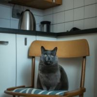 En realistisk bild av en grå katt som sitter på en trästol framför en öppen spis. Sigma 24mm f/8